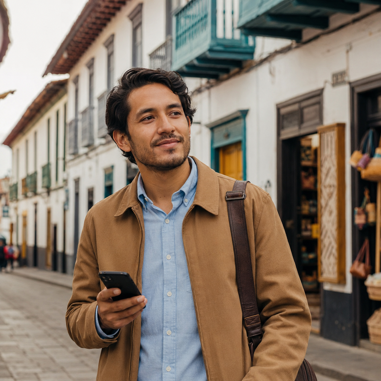 Representación ficticia de Santiago con su celular en Popayán